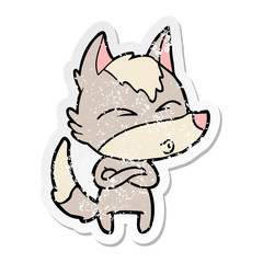 distressed sticker of a cartoon wolf whistling