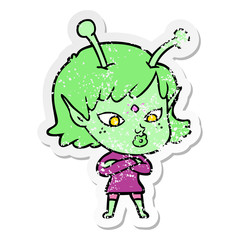 distressed sticker of a pretty cartoon alien girl