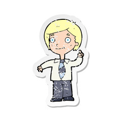 retro distressed sticker of a cartoon school boy answering question