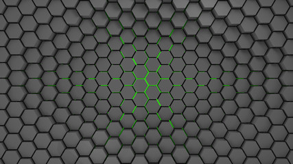 gray and green metal hexagons abstract background, 3d render