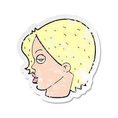 retro distressed sticker of a cartoon woman raising eyebrow