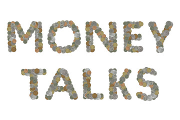 MONEY TALKS word with Old Coins on white background