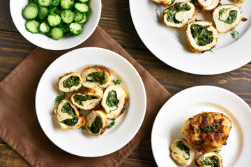 Rolled chicken fillet with spinach and cheese