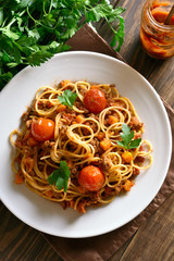 Spaghetti bolognese, top view