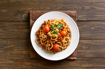Spaghetti bolognese, top view