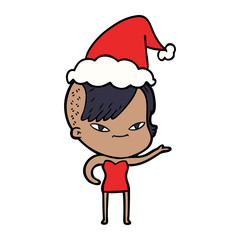cute line drawing of a girl with hipster haircut wearing santa hat