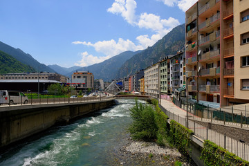 ANDORRA LA VELLA, ANDORRA. Valira river at city Andorra la Vella, Andorra. Gran Valira is biggest river flows through capital city located in the east Pyrenees