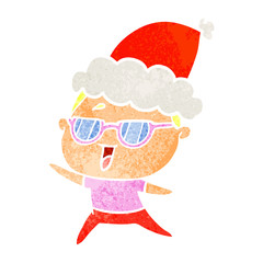 retro cartoon of a happy woman wearing spectacles wearing santa hat