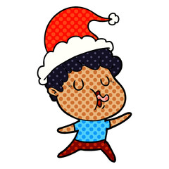 comic book style illustration of a man singing wearing santa hat