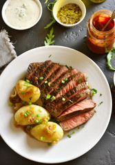 Sliced medium rare roast beef with potato