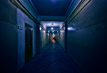 Dark corridor. Mystical interior of dark empty corridor, tunnel in an abandoned house. Dark mysterious corridor. The interior of an abandoned house, road to hell.