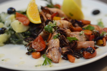 food, seafood, meal, fish, wooden, lemon, restaurant, delicious, hand, fresh, nutrition, man, lunch, serving, fillet, portion, organic, kitchen, healthy, gourmet, prepared, board, closeup, dinner, gri