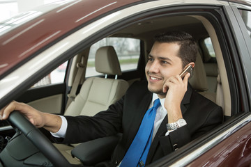 Handsome young businessman using his phone sitting in a car