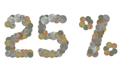 25 percent with old coins on white background