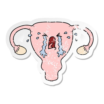 distressed sticker of a cartoon uterus crying