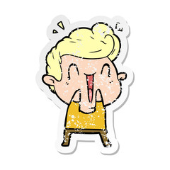 distressed sticker of a cartoon happy man laughing