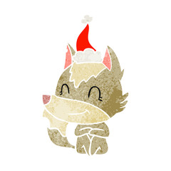 friendly retro cartoon of a wolf wearing santa hat