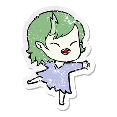 distressed sticker of a cartoon laughing vampire girl