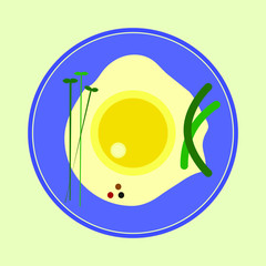 Fried egg on blue plate with pepper, microgreen and beacon, isolated vector illustration