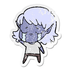 distressed sticker of a cartoon crying elf girl