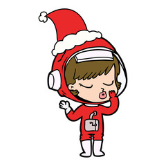 line drawing of a pretty astronaut girl wearing santa hat
