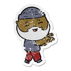 distressed sticker of a cartoon happy bearded man