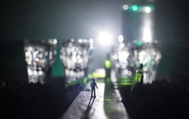 Selection of alcoholic drinks on rustic wood background. Creative artwork decoration