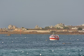 Bateau depêche dans la baie de Port-Blanc Penvénan en Bretagne. France