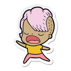 sticker of a cartoon cool hipster girl talking