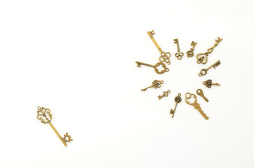Decorative keys of different sizes, stylized antique on a white background. Circle and separate key