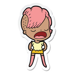 sticker of a cartoon cool hipster girl talking