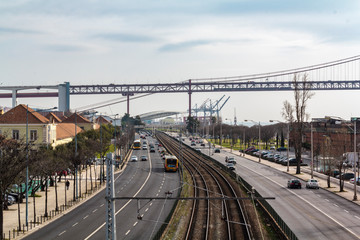 Cityspace view. Road, train line and bridge top view