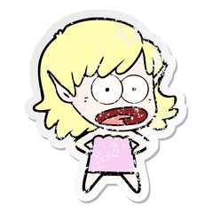 distressed sticker of a cartoon shocked elf girl