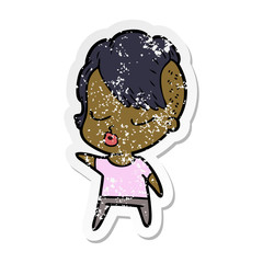 distressed sticker of a cartoon pretty hipster girl