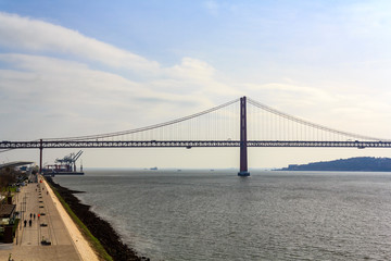 Riverside promenade in the city of Lisbon. Aerial view