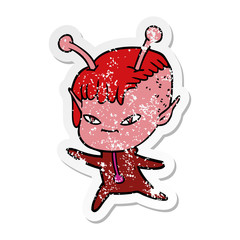 distressed sticker of a cute cartoon alien girl