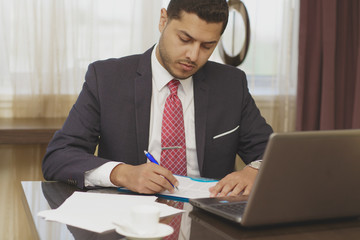 Handsome businessman doing some paperwork and using his laptop