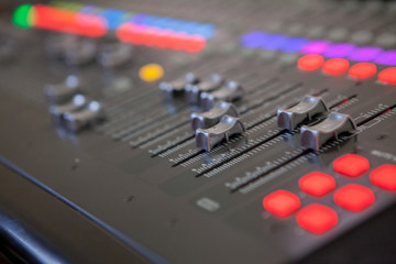 Sound recording studio mixing desk. Music mixer control panel