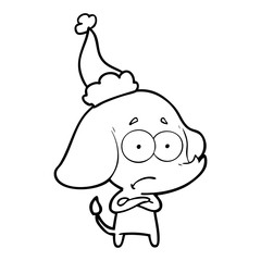 line drawing of a unsure elephant wearing santa hat