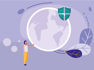 woman with world planet earth and shield