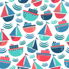 Cute sea boats. Seamless vector pattern with boats and waves.