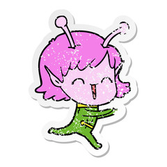 distressed sticker of a cartoon alien girl laughing