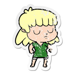 distressed sticker of a cartoon indifferent woman