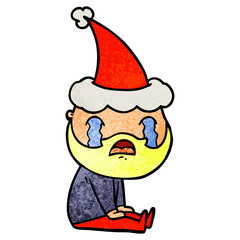 textured cartoon of a bearded man crying wearing santa hat