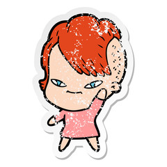 distressed sticker of a cute cartoon girl with hipster haircut