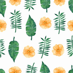 Hand draw tropical yellow flowers and green leaves pattern on white background.