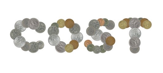 COST word with old coins on white background