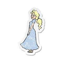 Fototapeta premium retro distressed sticker of a cartoon pretty woman in dress
