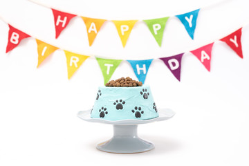 Dog food birthday cake on a cake stand isolated on white background