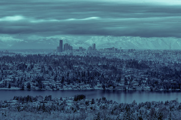 Long exposure of Seattle skyline at sunrise after major snowstorm in 2019